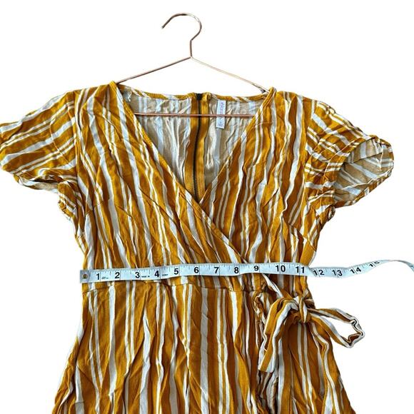 Xhilaration Striped Wrap Short Sleeve Ruffle Mini Dress -Mustard & White stripes - Picture 3 of 6
